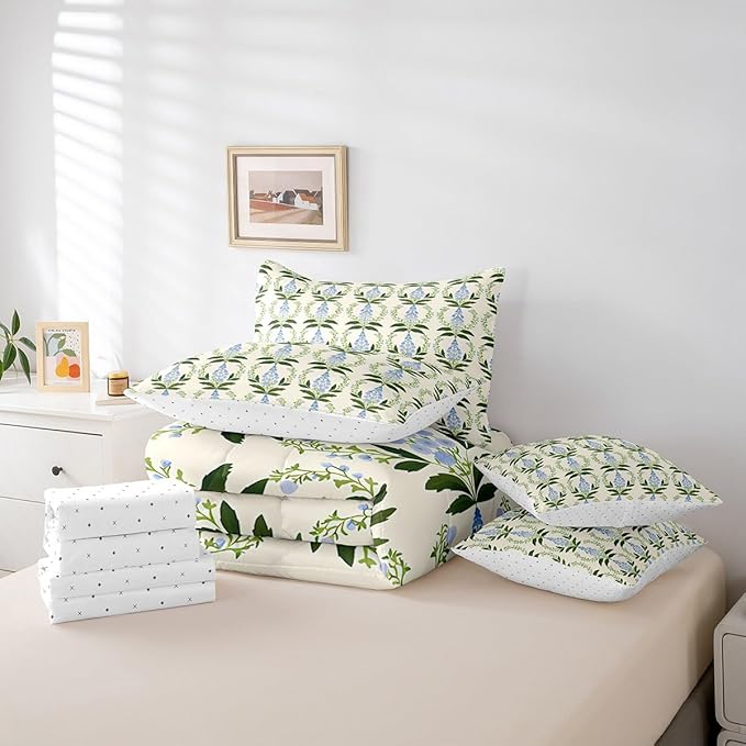 Feelyou Girls Vintage Flower Comforter Set with Sheets Queen Size 7 Pieces Kids Romantic Florals Pattern Bedding Set for Boys Women Teens Botanical Nature Garden Theme Bed in a Bag Room Decor