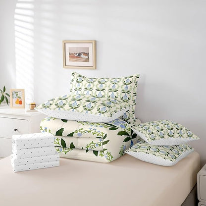 Feelyou Girls Vintage Flower Comforter Set with Sheets Full Size 7 Pieces Kids Romantic Florals Pattern Bedding Set for Boys Women Teens Botanical Nature Garden Theme Bed in a Bag Room Decor