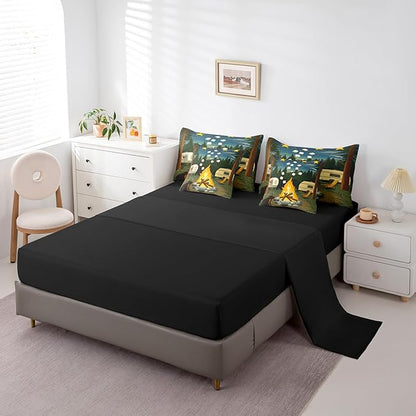 Erosebridal Rv Camper Twin Bedding Set, Happy Camping Bed in A Bag,Wild Campfire Comforter Sets with Sheets, Rustic Starry Night 7 Pieces Bed Set Bedroom Decor