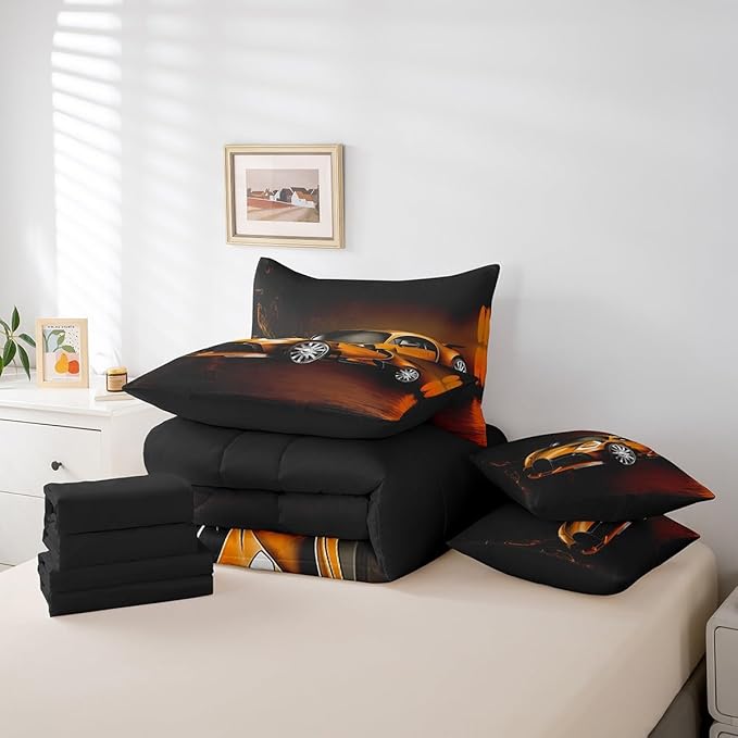 Feelyou Race Car 7 Piece Bedding Set Toddler Queen, Orange Racecar Bed in a Bag for Kids Boys Girls Comforter Set with Sheets Cool Speed Sports Car Bedroom Decor 7 with 2 Pillowcases