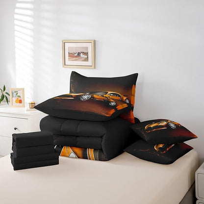 Feelyou Race Car 7 Piece Bedding Set Toddler Full, Orange Racecar Bed in a Bag for Kids Boys Girls Comforter Set with Sheets Cool Speed Sports Car Bedroom Decor 7 with 2 Pillowcases