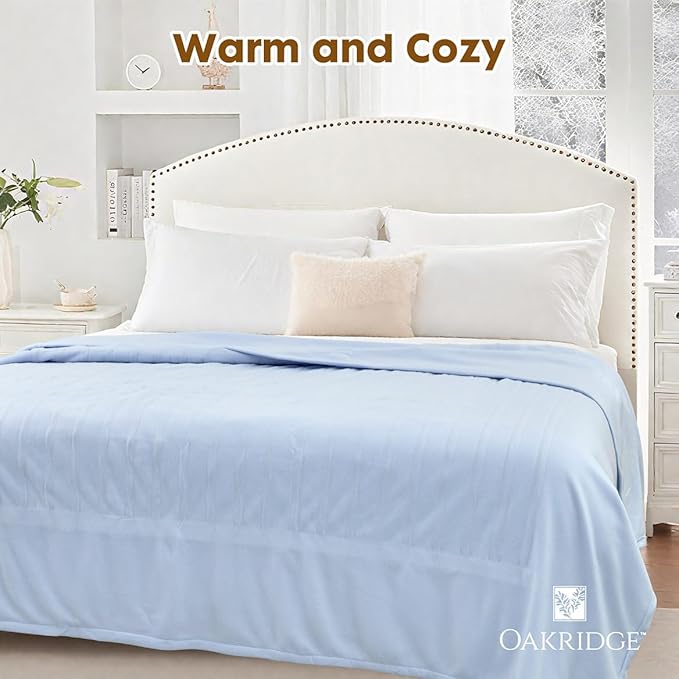 OakRidge Digital Comfort Fleece Heated Queen Blanket - Sky Blue, 100% Polyester, Machine Washable, Oeko-TEX Certified, Perfect for Warm Nights, Controlled Heat Settings