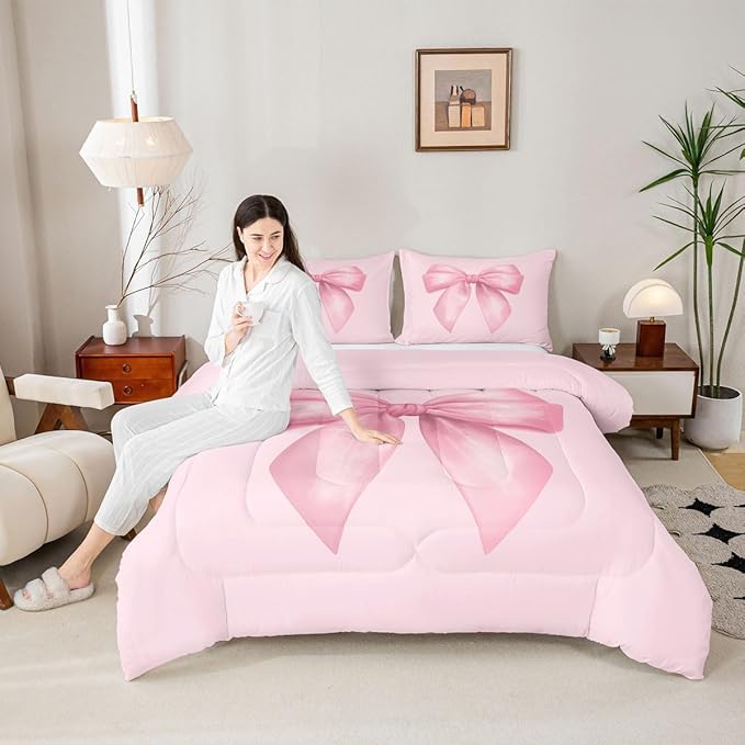 Feelyou Pink Bow Comforter Set All Season Cute Bowknot Bedding Set with 2 Pillow Cases Pricess Style Microfiber Kids Queen Bedclothes Kawaii Bedroom Decor Duvet Quilt Breathable Soft Lightweight