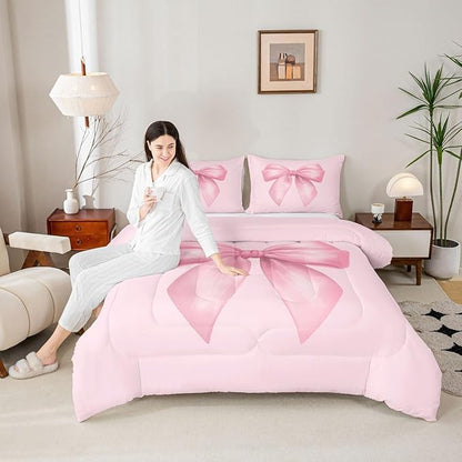Feelyou Pink Bow Comforter Set All Season Cute Bowknot Bedding Set with 2 Pillow Cases Pricess Style Microfiber Kids Queen Bedclothes Kawaii Bedroom Decor Duvet Quilt Breathable Soft Lightweight