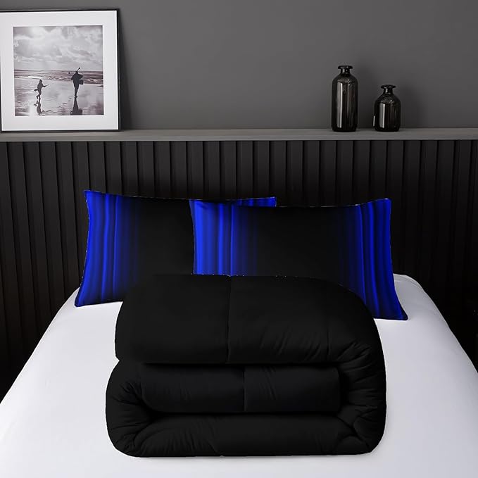Blue and Black Bedding Set King Size Abstract Ombre Comforter Set for Teen Boys, Mordern Bedding Set 3 Piece in A Bag,Dark Quilt Set Mordern Art Decor Lightweight All Seasons with Pillowcases