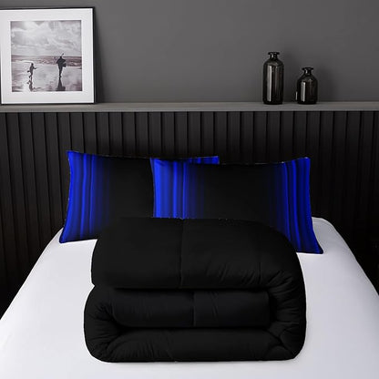 Blue and Black Bedding Set Queen Size Abstract Ombre Comforter Set for Teen Boys, Mordern Bedding Set 3 Piece in A Bag,Dark Quilt Set Mordern Art Decor Lightweight All Seasons with Pillowcases