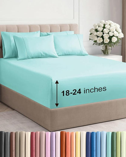 Extra Deep Queen Sheet Set - 6 Piece Breathable and Cooling Sheets - Hotel Luxury Bedding for Women, Men, Kids & Teens - Easy Secure Fit - Soft, Wrinkle Free and Comfy - Extra Deep Pockets - Spa Blue