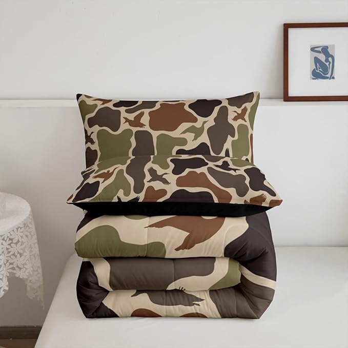 Erosebridal Duck Hunter Comforter King Size Camo Bedding Set Army Green Ducks Hunting Comforter Set Adults Men Camouflage Military All Season Quilt Wild Woodland Birds Rustic Room Decor