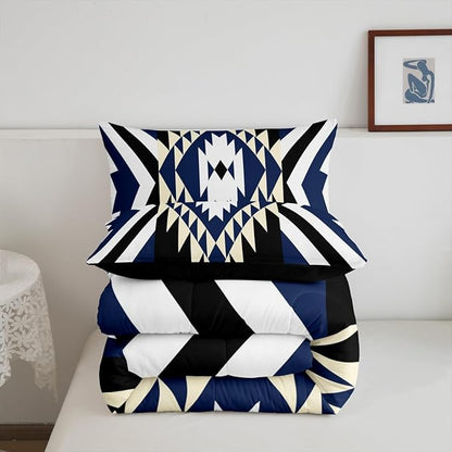 Feelyou Kids Blue Black Boho Western Bedding Set King Size Southwestern Aztec Tribal Comforter Set for Boys Girls Vintage Geometric Duvet Quilt