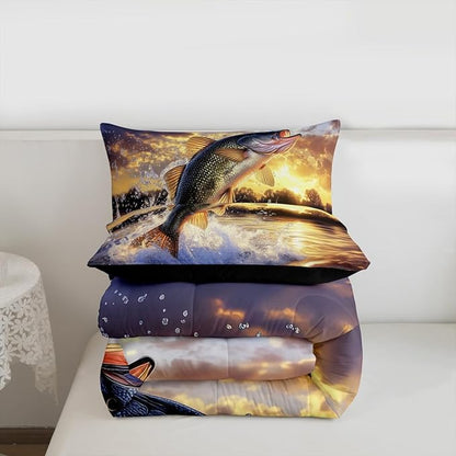 Erosebridal Fishing Theme King Bedding Set - Big Bass Pike Fish Comforter Set for Boys Kids Men | Farmhouse Lake House Quilt | Fisherman Hunting Bedroom Decor with 2 Pillowcases