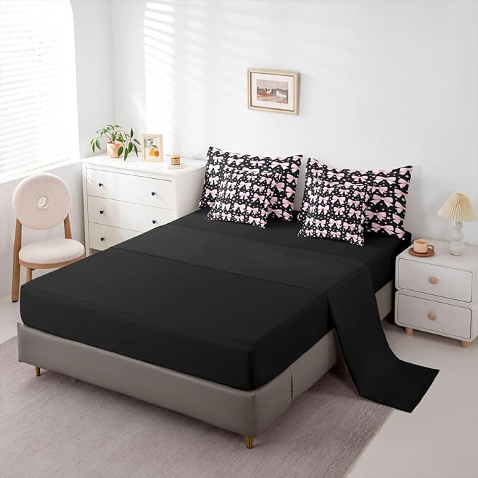 Erosebridal Kawaii Cute Black Pink Girls Bowknot King 7-Piece Comforter Set | Bow Kids Sheets and Pillowcases Y2K Starry Bed in A Bag Princess Bed Sets