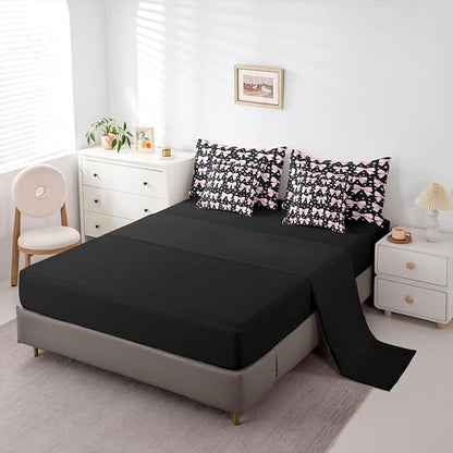 Erosebridal Kawaii Cute Black Pink Girls Bowknot Comforter Set Queen Size 7 Pieces | Bow Kids Bed in A Bag Y2K Starry Bed Set Princess Bedding