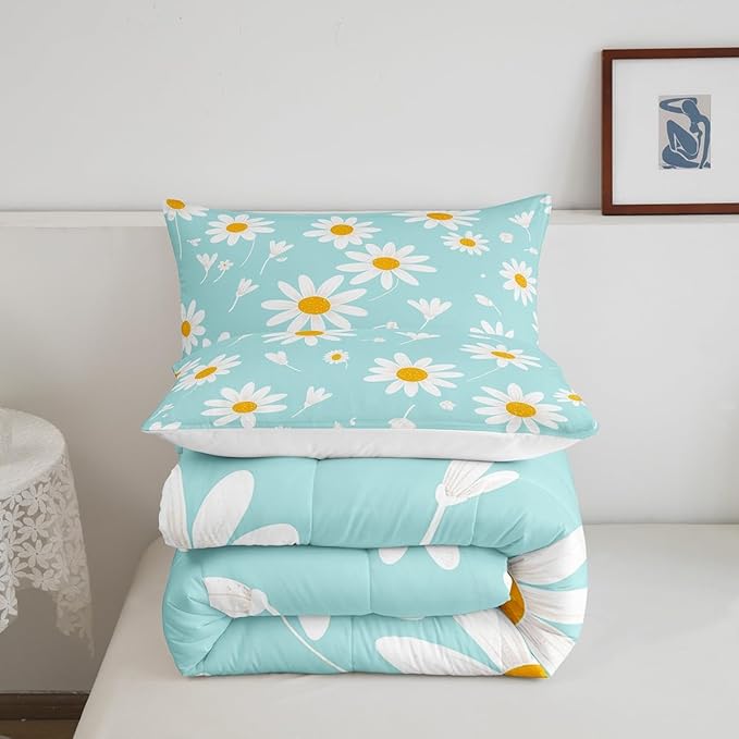 Manfei White Flower Comforter Set Twin Size, Botanical Garden Artwork Quilt Set with 1 Pillowcase, Daisy Floral Bedding Set 2pcs for Kids Boy Girls Bedroom Decor Lightweight Duvet Insert