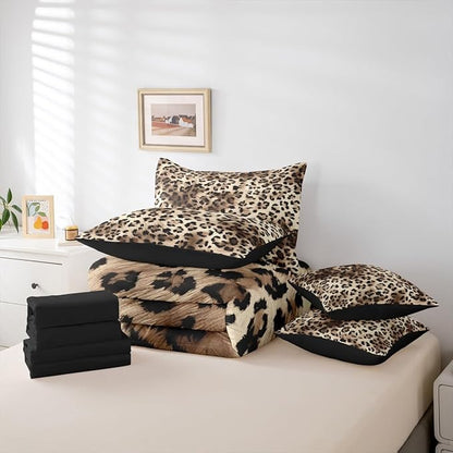 Erosebridal Leopard Print King Comforter Set Cheetah Not Real Fur 7-Piece Bed in A Bag Wild Animal Jungle Ombre Cowhide Fur Sheets and Pillowcases Beige Brown Bed Sets