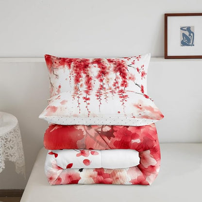Manfei Cherry Blossom Comforter Set Toddler Size, Watercolor Flower Branches Bedding Set 2pcs, Japanese Style Pink Red Floral Down Comforter, Kids Girls Women Room Decor, 1 Pillowcase, No Sheets
