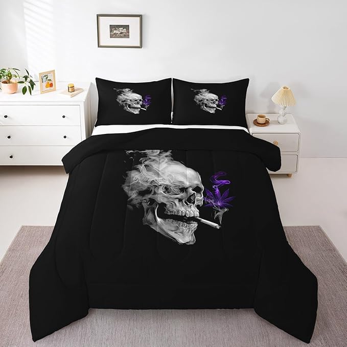Erosebridal Gothic Skull Comforter Set Toddler,Purple Leaves Bedding for Women Men Adults,Tropical Botanical Plant Bedding Comforter Sets,Smoky Skeleton Down Comforter