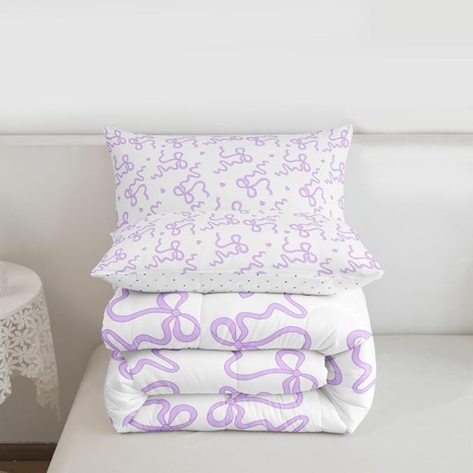 Purple Bow Knot Bedding Sets Full Size,Cute Love Heart Print Comforter Set 3Pcs for Kids Girls Women Room Decor,Bowknot Butterfly Tie Quilted Duvet Lovely Vivid Down Comforter,2 Pillowcases