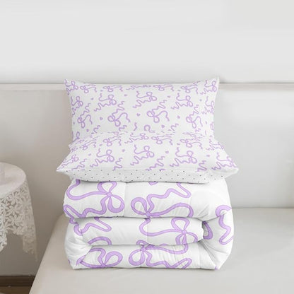 Purple Bow Knot Bedding Sets Full Size,Cute Love Heart Print Comforter Set 3Pcs for Kids Girls Women Room Decor,Bowknot Butterfly Tie Quilted Duvet Lovely Vivid Down Comforter,2 Pillowcases