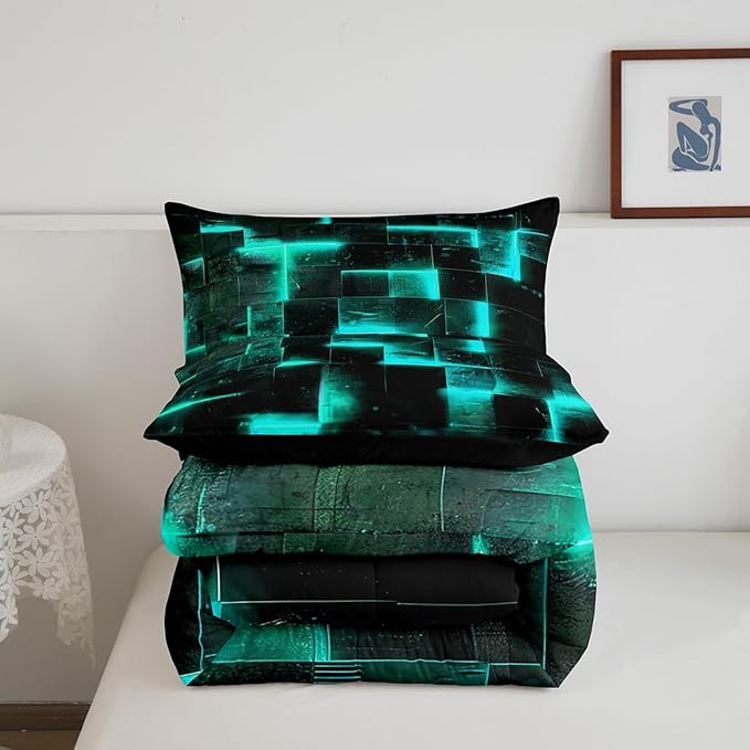 Black Teal Abstract Comforter Queen Gradient Square Queen Bedding Set, Grid Down Comforter Neon Checkered Bed Set, Glowing Plaid Quilted Duvet 3D Modern Bedroom Decor 3pcs (Black Reversible)