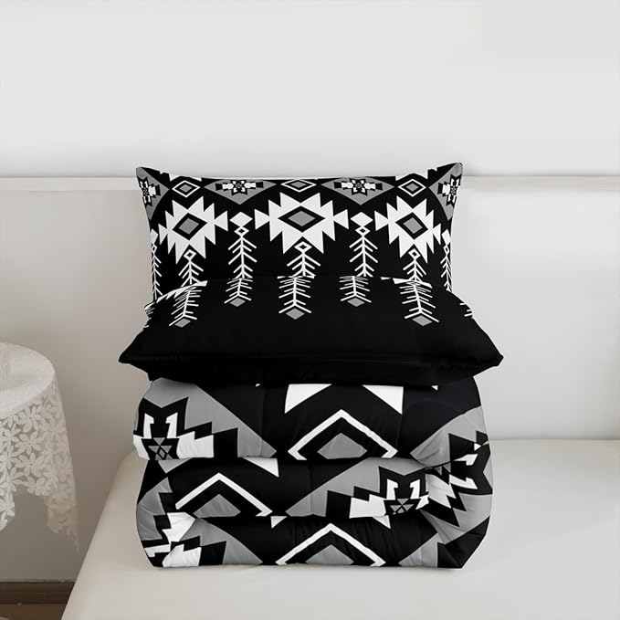 Erosebridal Western Aztec Bedding Set Queen Size for Boys, Boho Southwestern Comforter Set for Teens Adult Women American Native Down Comforter Vintage Ethnic Rustic Geometric Quilt, Black White