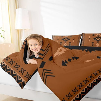 Western Aztec Full Size Bedding Set, Native American Navajo Comforter Set For Boys Adult Teens, Southwestern Geometric Duvet Insert Ethnic American Native Quilt Rustic Farmhouse Decor, Brown Black
