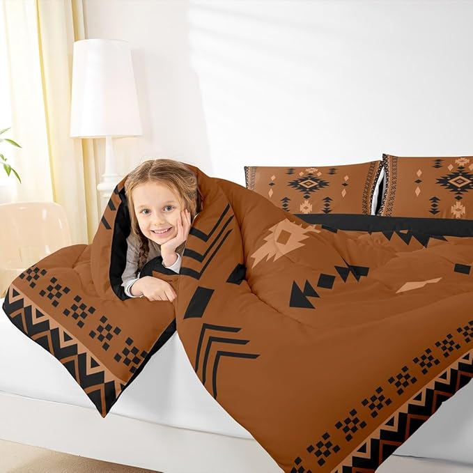 Western Aztec Toddler Size Bedding Set, Native American Navajo Comforter Set for Boys Adult Teens, Southwestern Geometric Duvet Insert Ethnic American Native Quilt Rustic Farmhouse Decor, Brown Black