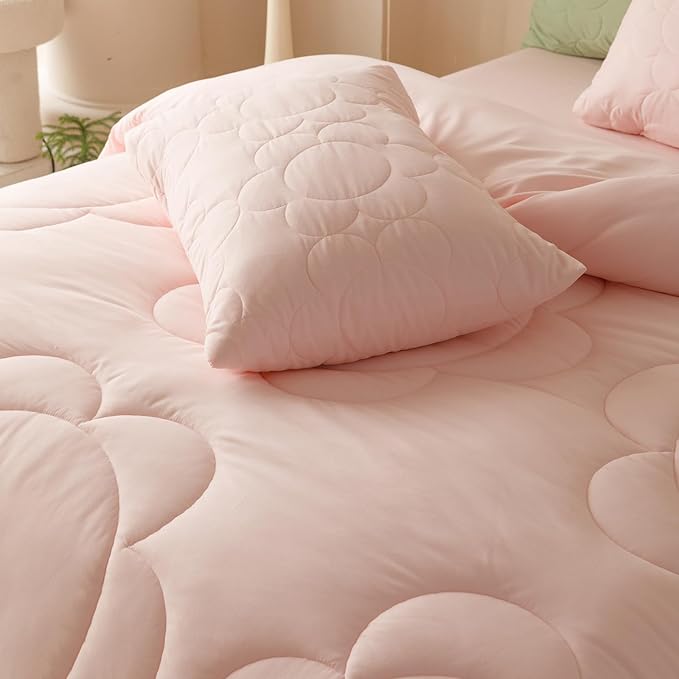 Luxlovery Pink Floral Comforter Set King Boho Light Pink Sunflower Quilts Blush Pink Bedding Comforter Set Rustic Plain Color Soft Breathable Cozy Comforter Women Girls