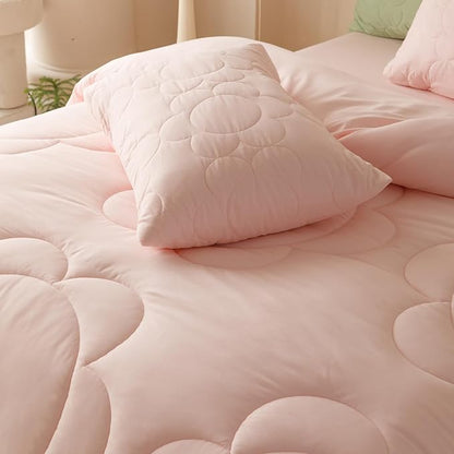 Luxlovery Pink Floral Comforter Set King Boho Light Pink Sunflower Quilts Blush Pink Bedding Comforter Set Rustic Plain Color Soft Breathable Cozy Comforter Women Girls
