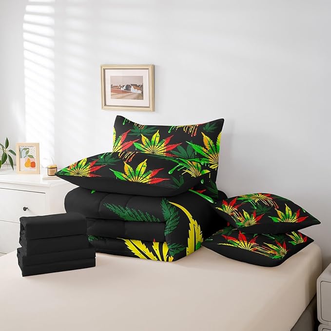 Feelyou Marijuana Comforter Set King Size 7 Pcs Cannabis Leaf Comforter Bed in a Bag Green Leaves Bedding Set for Boys Girls Teens Trippy Bed Set with Sheets, Pillowcases, Pillow Covers