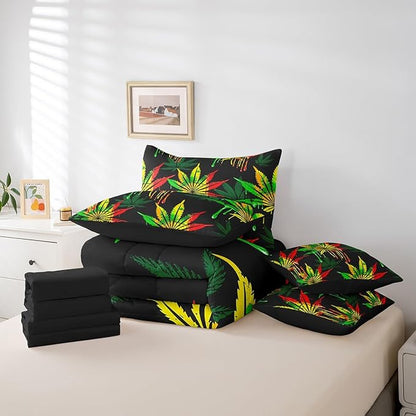 Feelyou Marijuana Comforter Set Twin Size 7 Pcs Cannabis Leaf Comforter Bed in a Bag Green Leaves Bedding Set for Boys Girls Teens Trippy Bed Set with Sheets, Pillowcases, Pillow Covers