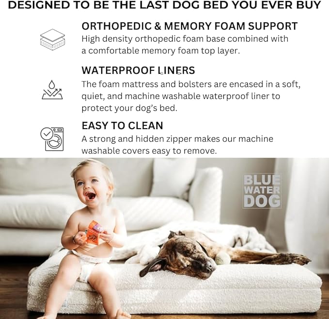 Luxury Boucle Orthopedic Memory Foam Dog Bed with Waterproof Liner and Machine Washable Cover with YKK Zippers (X-Large, 61" L x 44" W x 7" Th, Ocean Blue)