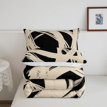 Erosebridal Beige and Black Abstarct Toddler Bedding Set,Aesthetic Geometric Comforter Set for Minimalists,Graffiti Stripes Lines Quilt,Contemporary Boho Modern Art Duvet Insert for Minimalism