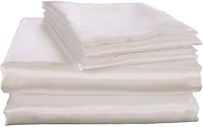 100% Pure Silk Satin Sheet Set 4pcs, Silk Fitted Sheet 15" Deep Pocket Mattress fit,Silk Flat Sheet&Silk Pillowcases Set Soft Silk Sheets|Wrinkle Free Fade Resistant.(White,Cal- King)