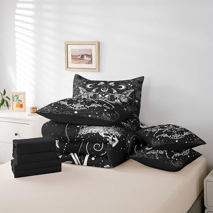 Feelyou Sugar Skull Bedding Set with Comforter, Gothic Skull Comforter King Size 7Pcs Halloween Themed Bed in a Bag with Comforter, Boho Death Moth Flat Sheet, Fitted Sheet, Pillowcases Room Decor