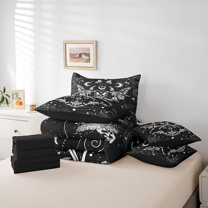 Feelyou Sugar Skull Bedding Set with Comforter, Gothic Skull Comforter Full Size 7Pcs Halloween Themed Bed in a Bag with Comforter, Boho Death Moth Flat Sheet, Fitted Sheet, Pillowcases Room Decor