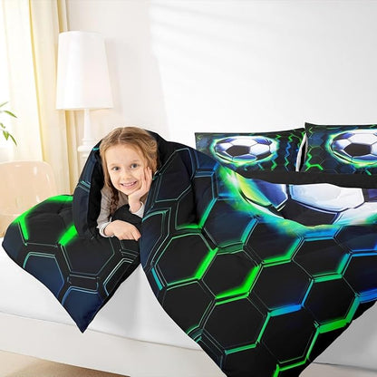 Football Comforter Set Full Size,Soccer Game Ball Sports Kids Bedding Set,Geometric Honeycomb Hexagon Quilt Comforter,Black Green Duvet Insert,2 Pillowcases