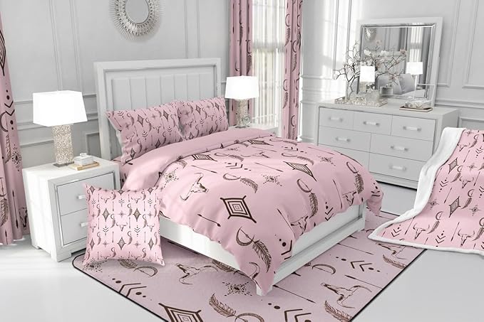 Feelyou Pink Western Bull Skull Comforter Set Ethnic Horns Boho Toddler Size Bedding Set Tribal Symbol Mysterious Aztec Comforter for Man Women