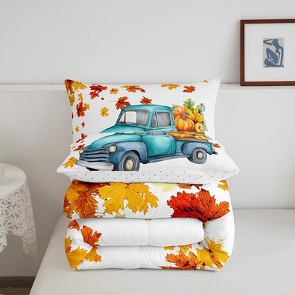 Pumpkin Truck Bedding Set Fall Thanksgiving Harvest Seasonal Comforter Set Twin Autumn Maple Leaf Bed Comforter Set Farmhouse Home Room Decor Watercolor Quilt Duvet Orange White 1 Pillow Case
