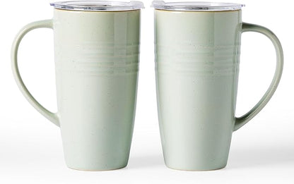 famiware Jupiter Large Coffee Mug, 20oz Coffee Mug with Lid, Ceramic Mugs Set of 2, Cup Set with Handle for Latte, Tea, Cocoa, Milk, Home & Office, Microwave and Dishwasher Safe, Light Green