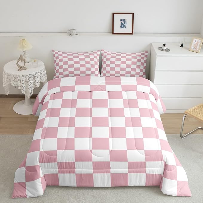 Feelyou Checkered Bedding Set Teen Women Men Pink Plaid Comforter Set Toddler Size Kids Boys Girls Cute Retro Neutral Checkerboard Geometric Duvet Insert Vintage Aesthetic Room Decor