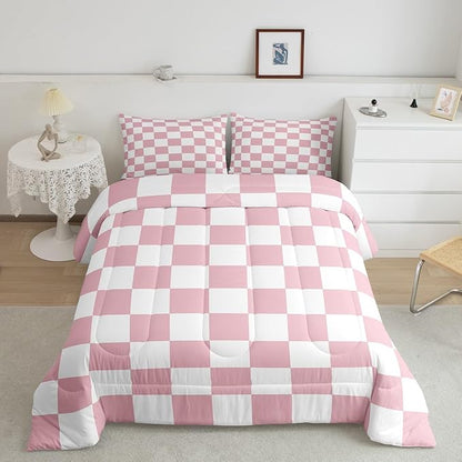 Feelyou Checkered Bedding Set Teen Women Men Pink Plaid Comforter Set King Size Kids Boys Girls Cute Retro Neutral Checkerboard Geometric Duvet Insert Vintage Aesthetic Room Decor