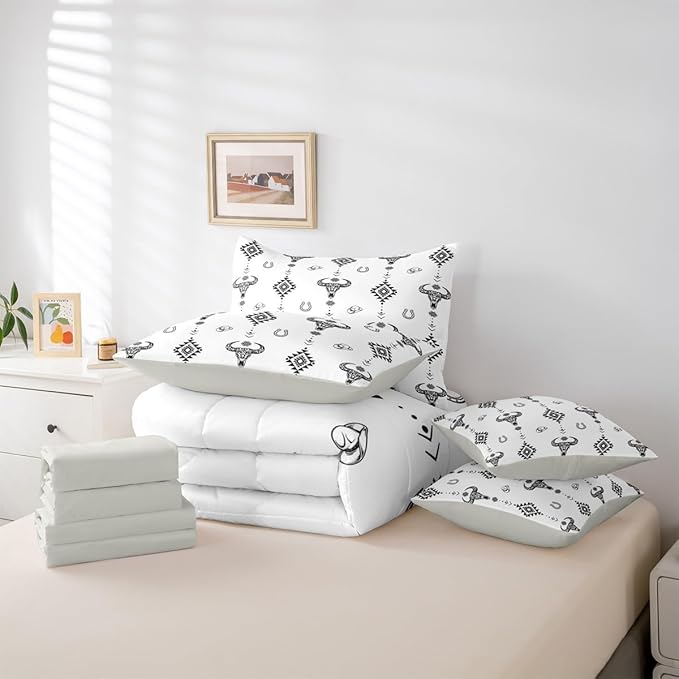 Erosebridal Bull Skull 7 Piece Bedding Set Full Boho Comforter Set with Sheets Aztec Horseshoe Arrow Southwest Geometric Bed in a Bag Cowboy Hat Dot Western White for Teens Men Women