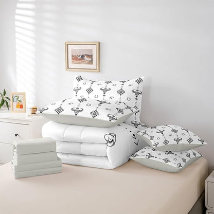 Erosebridal Bull Skull 7 Piece Bedding Set Full Boho Comforter Set with Sheets Aztec Horseshoe Arrow Southwest Geometric Bed in a Bag Cowboy Hat Dot Western White for Teens Men Women