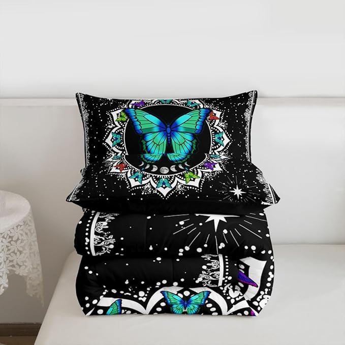 Erosebridal Butterfly Bedding Set Queen Size Galaxy Duvet Set Starry Sky Comforter Sets Boho Colorful Wild Animals Down Comforter for Moth Moon All Season Mandala Black White Duvet Set
