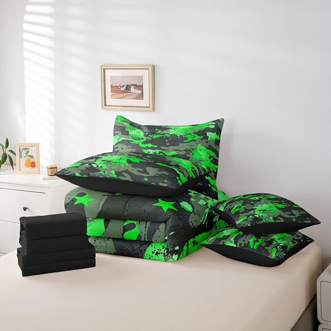 Erosebridal Camouflage King Comforter Set Watercolor 7-Piece Bed in A Bag Stars Ombre Watercolor Camo Ink Splash Sheets and Pillowcases Grey Green Bed Sets