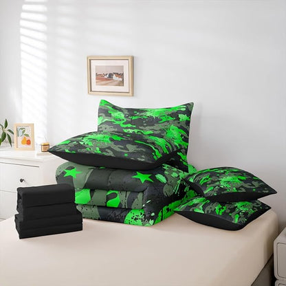 Erosebridal Camouflage King Comforter Set Watercolor 7-Piece Bed in A Bag Stars Ombre Watercolor Camo Ink Splash Sheets and Pillowcases Grey Green Bed Sets