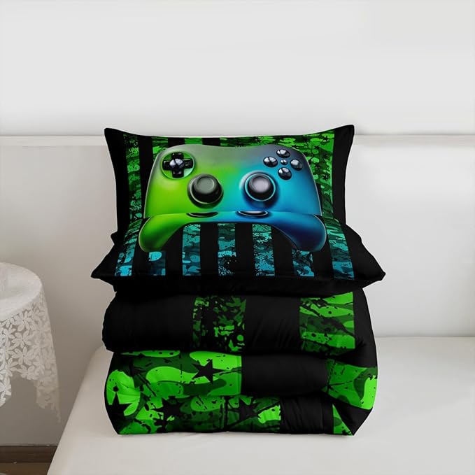 Gamer Comforter Set King Kids Boys Teens USA Flag Stars Down Comforter Gaming Comforter Gamer Room Decor Camo Video Game Bedding Set, Gamepad Console Duvet, Youth Young Man Quilt, Grunge Style