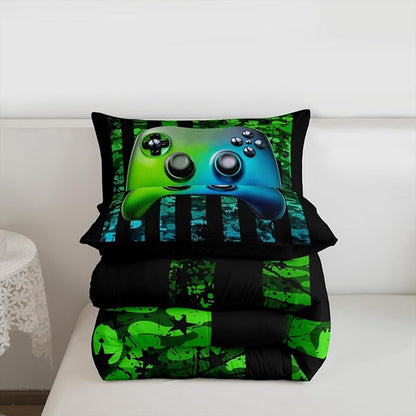 Gamer Comforter Set King Kids Boys Teens USA Flag Stars Down Comforter Gaming Comforter Gamer Room Decor Camo Video Game Bedding Set, Gamepad Console Duvet, Youth Young Man Quilt, Grunge Style