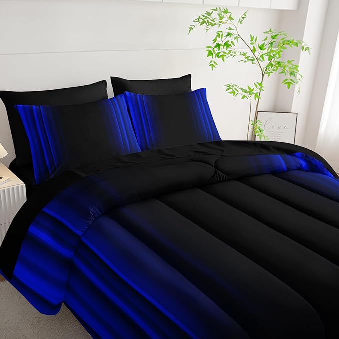 Blue and Black Bedding Set Full Size Abstract Ombre Comforter Set Bedding Set 7 Piece in A Bag,Dark Quilt Set Mordern Art Decor All Seasons with Pillowcases,Flat, Fitted Sheet