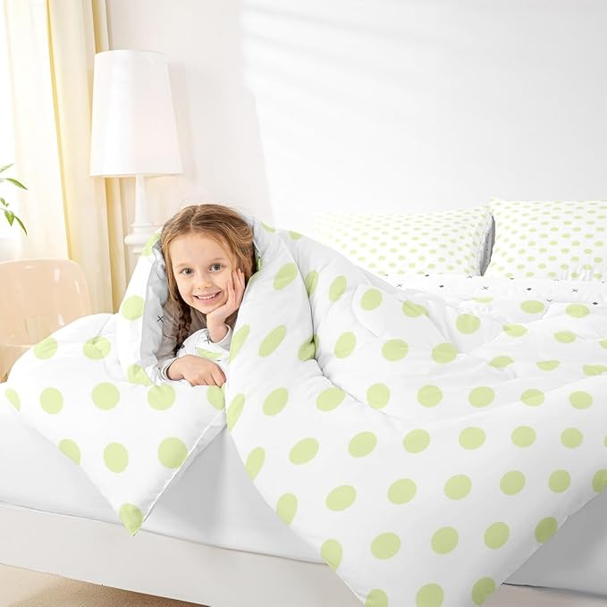 Manfei Cute Polka Dots Comforter Set Twin Size,Cartoon Dots French Style Lovely Bedding Set for Kids Teens,Geometric Circles Yellow Green White Simple Art Comforter,2 Pcs 1 Pillowcase